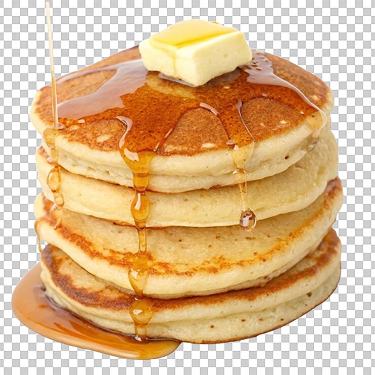 PSD stack of pancakes with syrup drizzling down and a pat of butter on top