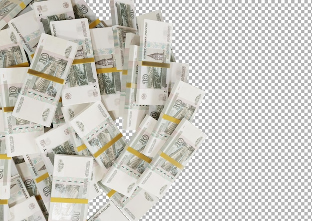白い背景に散らばっている10ルーブルのロシアの現金または紙幣を積み重ねる孤立したPSD