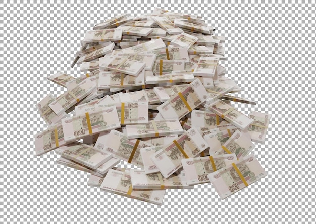 PSD stack russian cash or banknotes of 100 rusia rubles scattered on a transparent isolated psd png