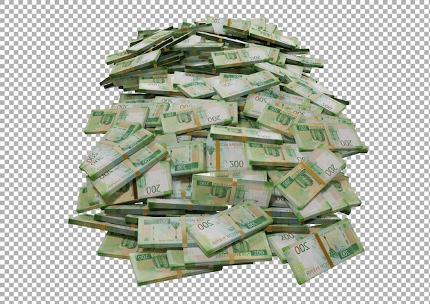 Stack russian cash or banknotes of 200 rusia rubles scattered on a transparent isolated psd