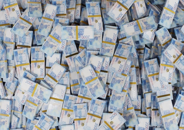 Stack Russian cash or banknotes of 2000 Russia rubles scattered on a white background isolated PSD