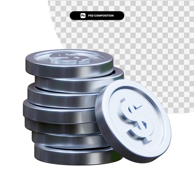 Pila di monete d'argento nella rappresentazione 3d isolata
