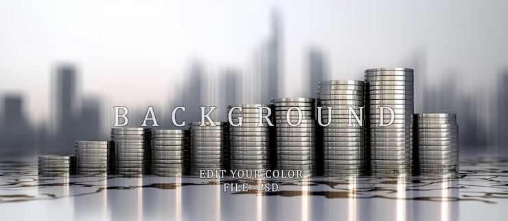 PSD stack of silver coins with financial trading transparency graph and business stock growth concept