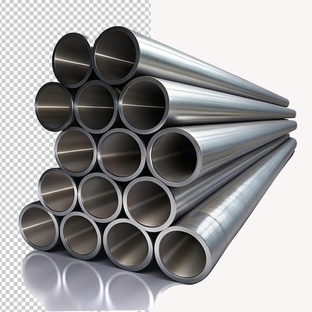 PSD a stack of silver metal pipes with a white background