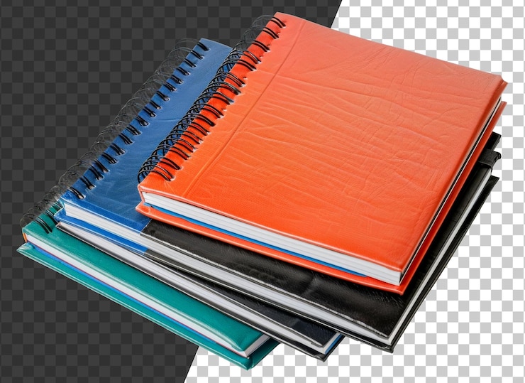 PSD a stack of spiral bound notebooks with different colors stock png
