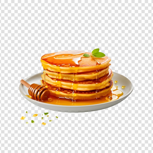 Stack of tasty pancakes with blueberry and honey on a transparent background