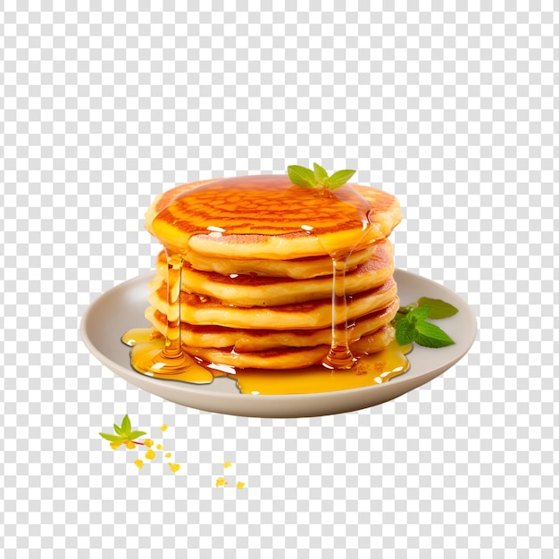 Stack of tasty pancakes with blueberry and honey on a transparent background