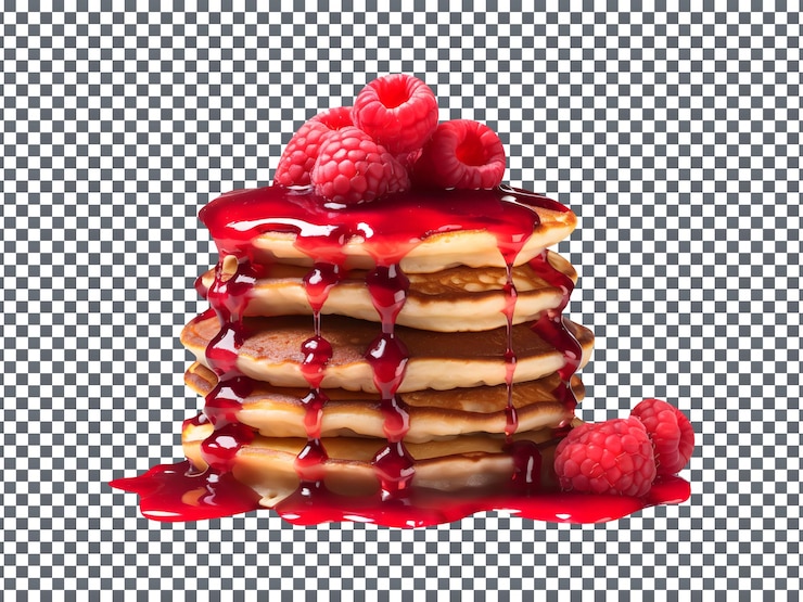 PSD stack of tasty raspberry pancakes slices isolated on transparent background