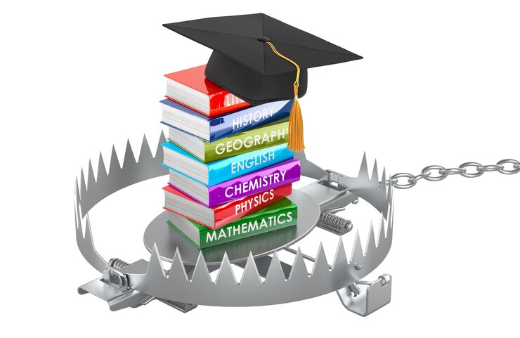 PSD stack of textbooks with graduation hat inside bear trap 3d rendering isolated on transparent background