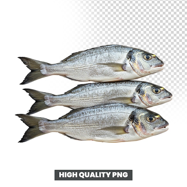 stack of three fresh sea bream fish on a transparent background