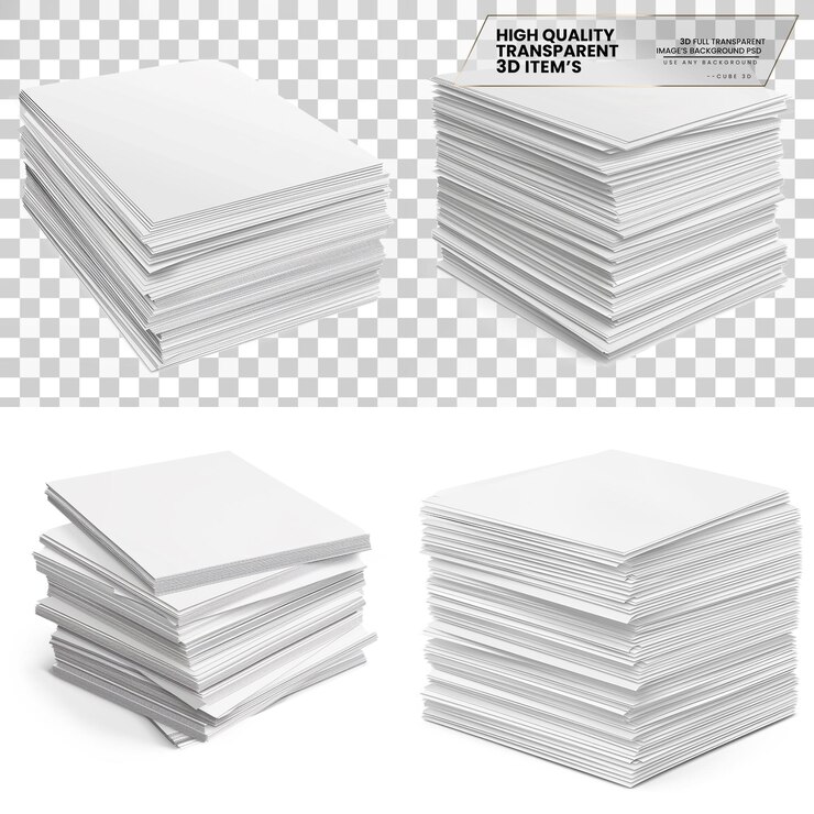 PSD stack of white a4 papers perfect for printing on transparent background