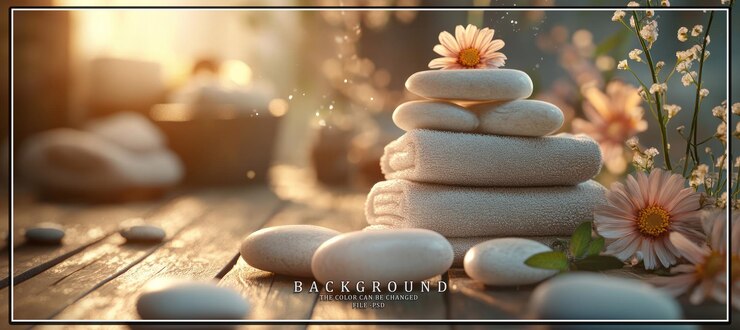 PSD stack of white towels with stones flowers and sunlight on a wooden table