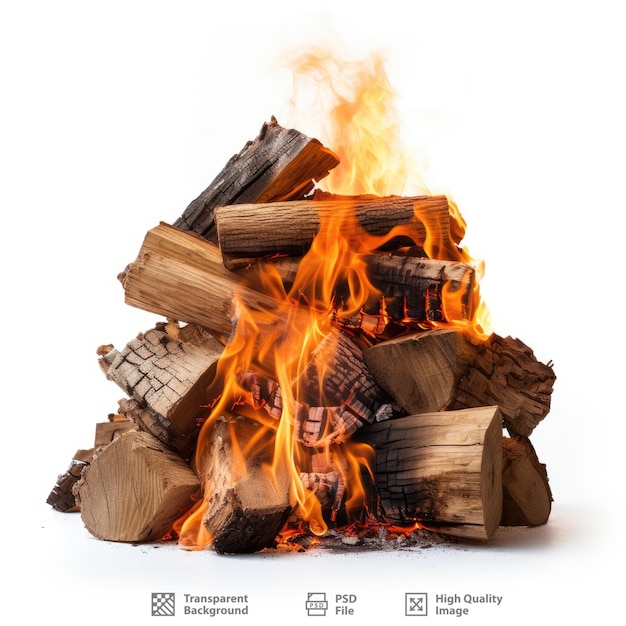 A stack of wood is in front of a fire that says 