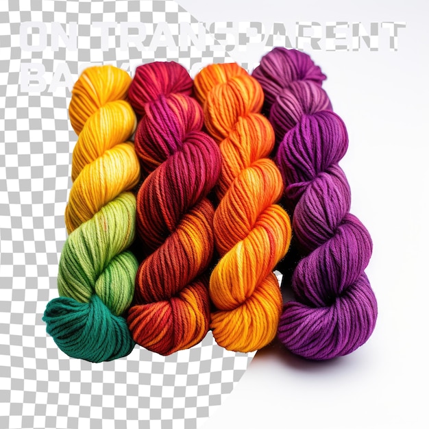 PSD stack of yarn skeins in red yellow green purple colors on transparent background