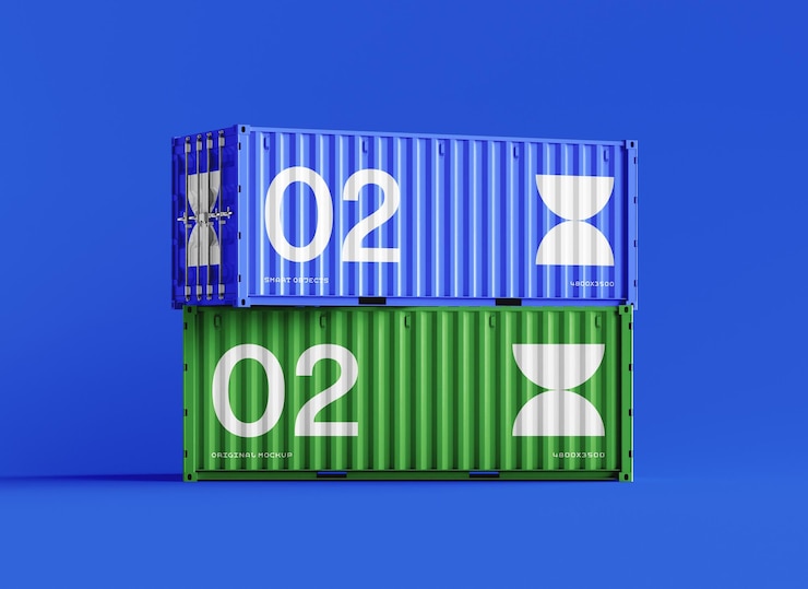 PSD stacked blue and green shipping containers mockup