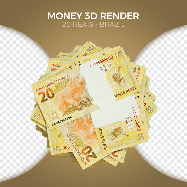 PSD stacked brazilian money 20 reais verse 3d render dla kompozycji