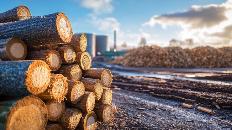 PSD stacked logs at sawmill with woodchips and factory in background