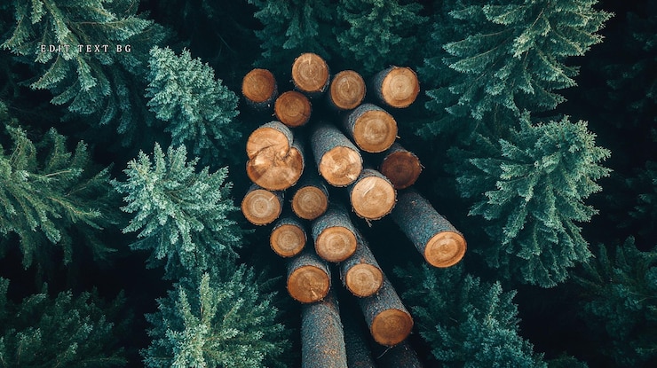 PSD stacked logs surrounded by lush evergreen trees