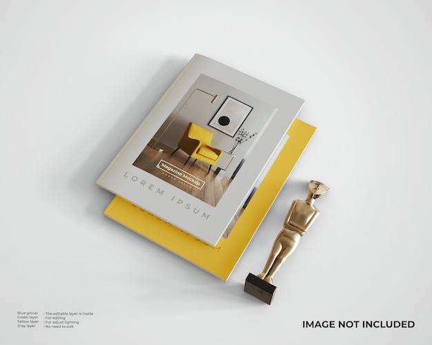 PSD stacked magazine mockup with a statue, top view