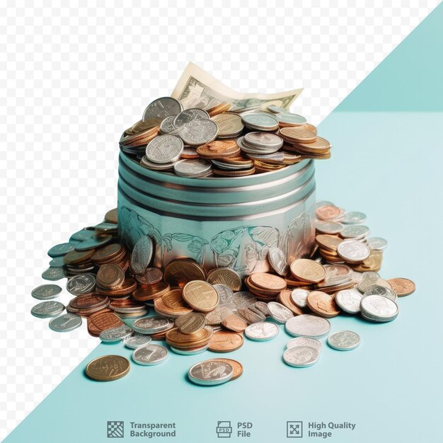 Stacks of 100 bills and piles of metal ruble coins part of cashbox isolated on transparent background