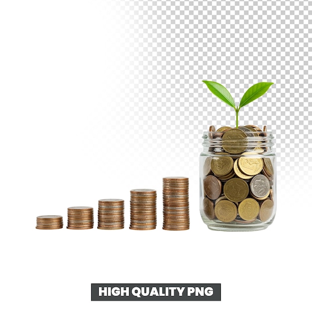 Stacks of coins in ascending order next to a jar full of coins with a plant growing