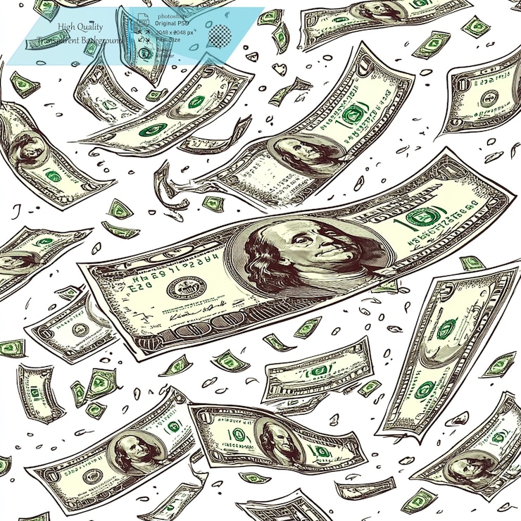 PSD stacks of dollar bills flying in an isolated white background on a transparent background