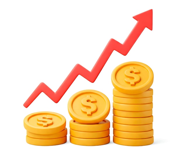 stacks of dollar coins and rising red arrow showing increasing profits isolated on white background cartoonish 3d render style