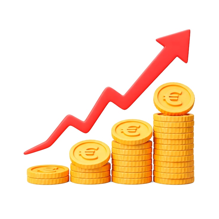 PSD stacks of euro coins and rising red arrow showing increasing profits