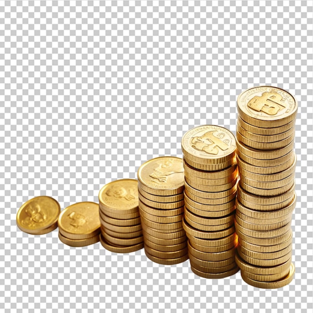 PSD stacks of gold coins with a green arrow pointing up and the words profit growth on the top on transparent background