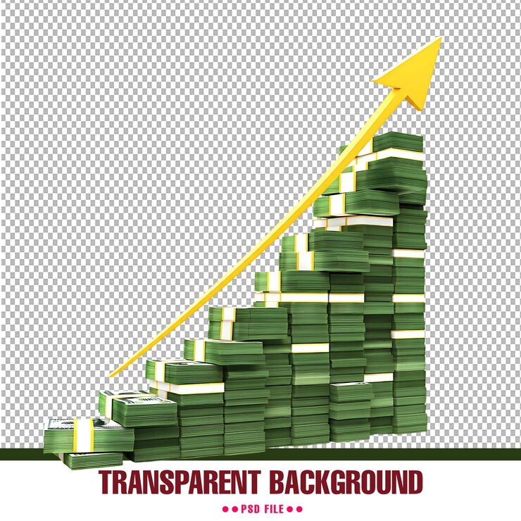 PSD stacks of green dollar bills forming ascending steps with giant golden arrow