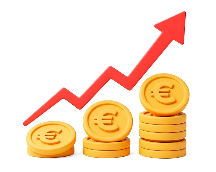 PSD stacks of euro coins and rising red arrow showing increasing profits