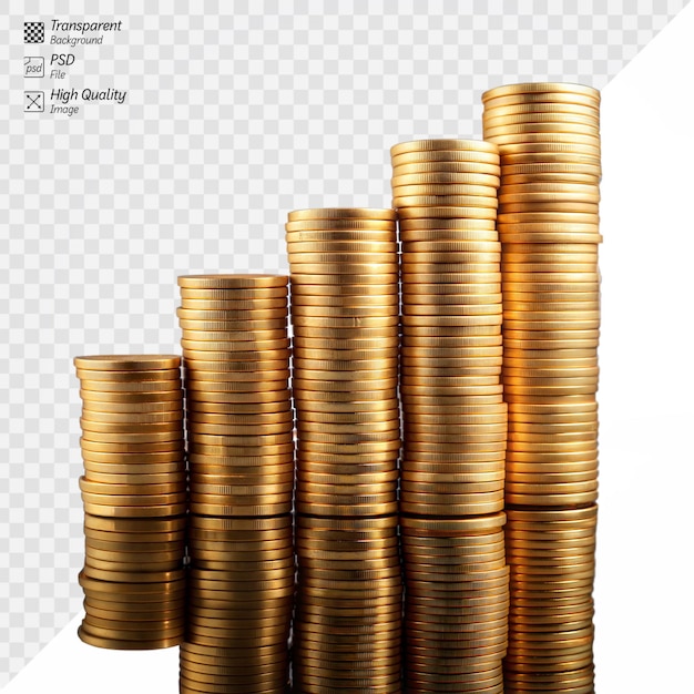 PSD stacks of gold coins increasing in height on transparent background