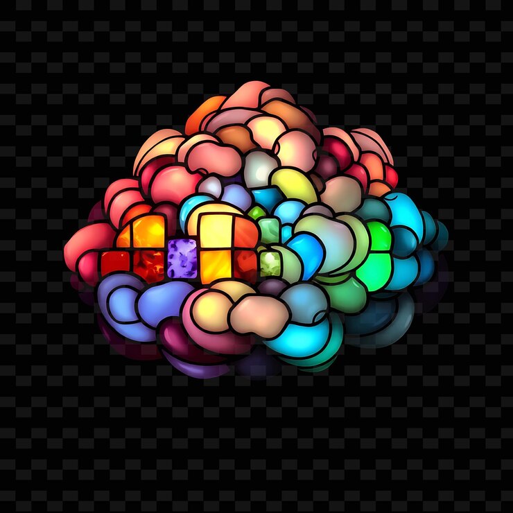 PSD stained glass altocumulus cloud displaying colorful panels leaded lines and _isolated_neon_objecto