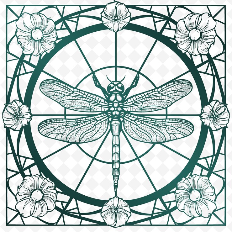 PSD stained glass lamp outline with dragonfly design and floral illustration frames decor collection