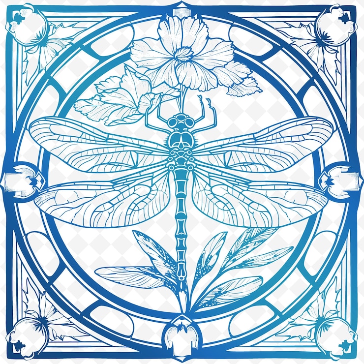 PSD stained glass lamp outline with dragonfly design and floral illustration frames decor collection