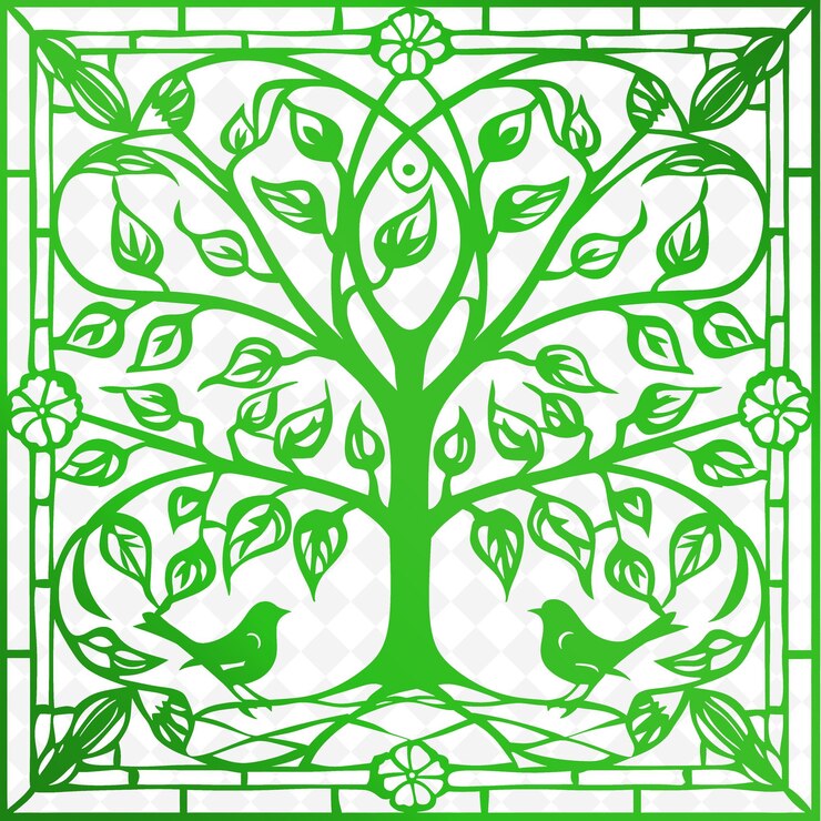 PSD stained glass panel outline with tree of life design and bi illustration frames decor collection