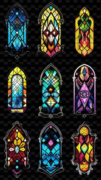 PSD stained glass trellises pixel art with colorful and intricat creative texture y2k neon item designs