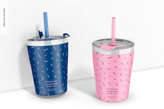 PSD stainless aluminum kids cups mockup