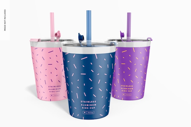 Stainless aluminum kids cups set mockup