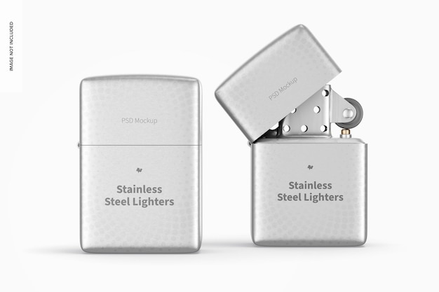 PSD stainless steel lighter mockup, opened and closed