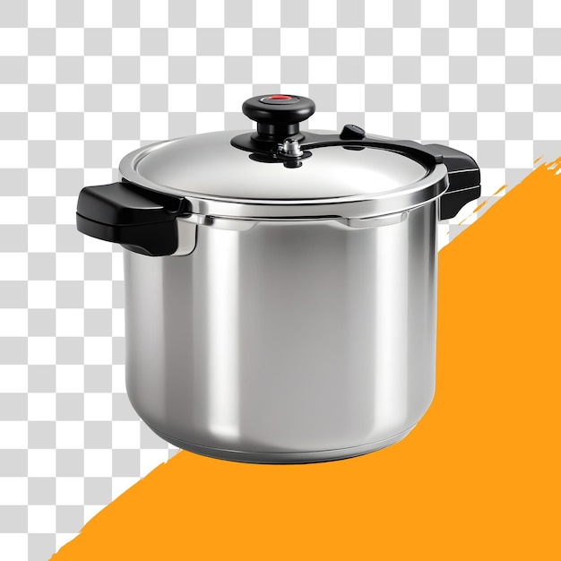stainless steel pressure cooker with black handle and lid isolated on png transparent background
