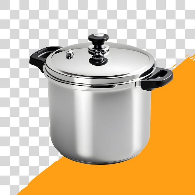 stainless steel pressure cooker with black handle and lid isolated on png transparent background