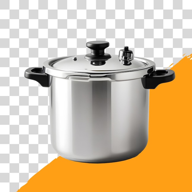 stainless steel pressure cooker with black handle and lid isolated on png transparent background