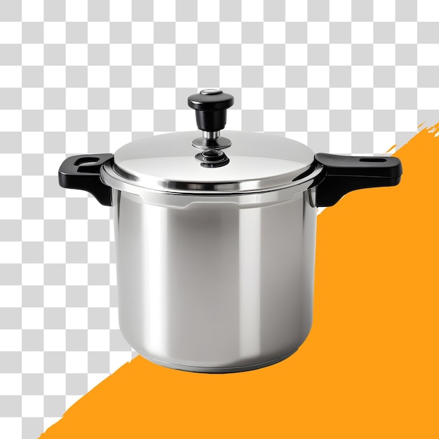 stainless steel pressure cooker with black handle and lid isolated on png transparent background