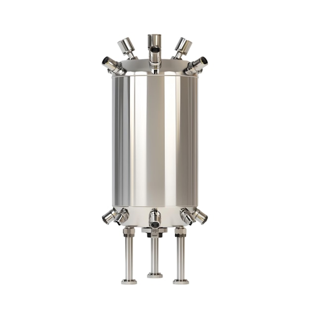 Stainless Steel Pressure Vessel with Multiple Connectors Isolated on White Background
