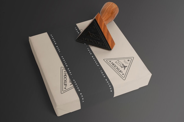 PSD stamp on a box mockup design