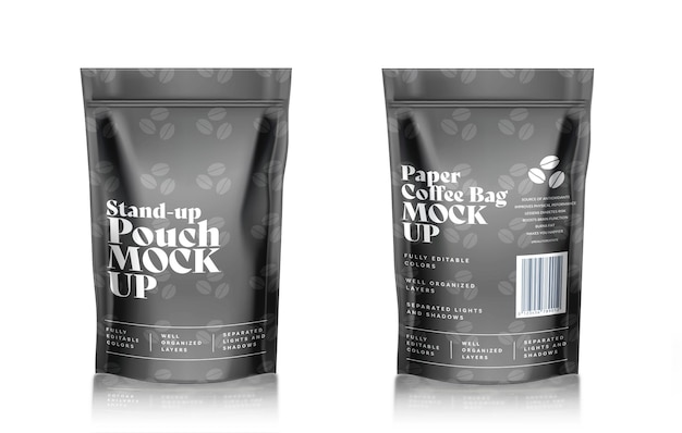 Stand up pouch bag mockup for coffee bag packaging psd template