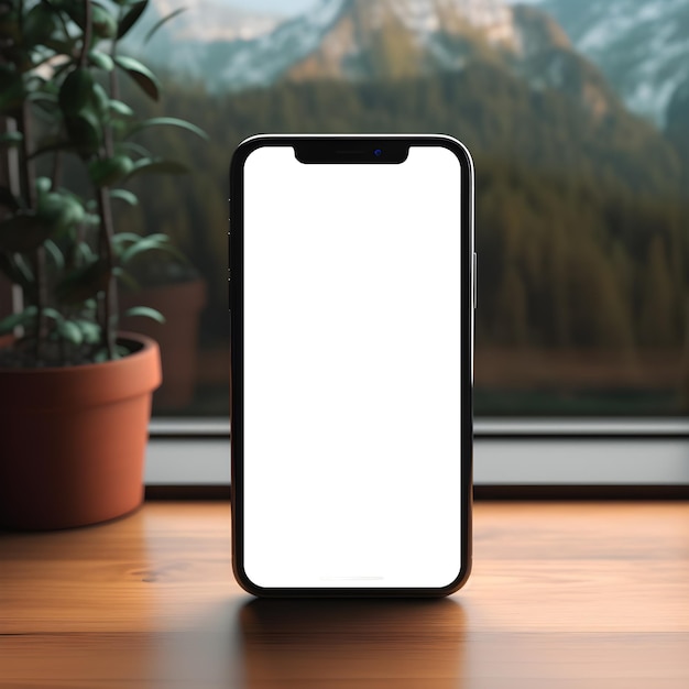 A standing smartphone mockup on a wooden table