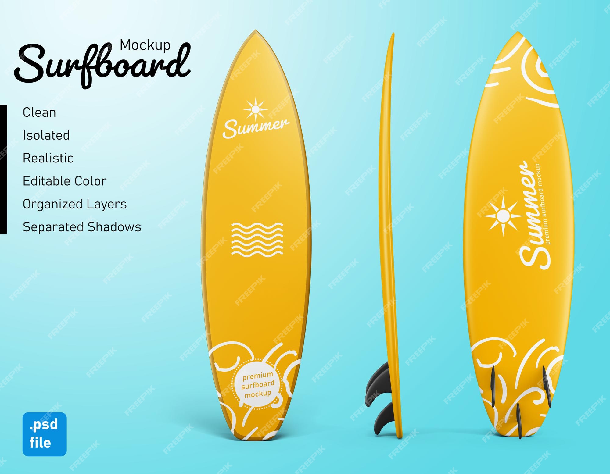 Premium PSD | Standing summer surfing board mockup set in front side ...