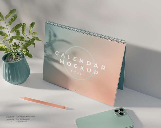 PSD vista destra del mockup del calendario da parete in piedi